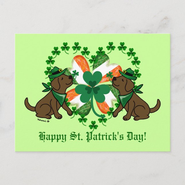 St. Patrick's Day Two Chocolate Labradors Postcard (Front)