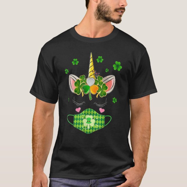 St Patricks Day Unicorn Face Mask Leprechaun Irish T-Shirt (Front)