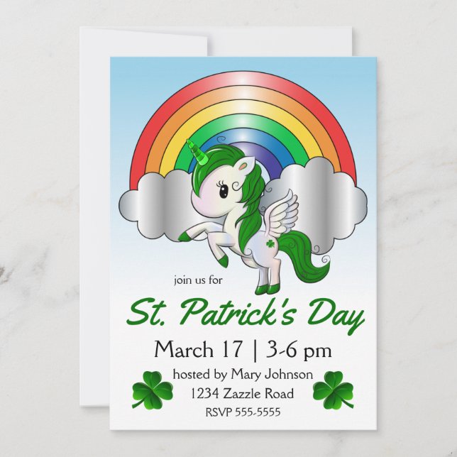 St. Patrick's Day Unicorn Pegasus Invitation (Front)