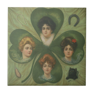 St. Patrick's Day Vintage Clover Lady Luck Art Ceramic Tile