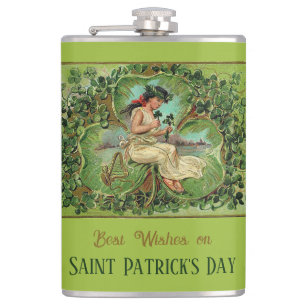 St. Patrick's Day Vintage Girl with Shamrocks Hip Flask