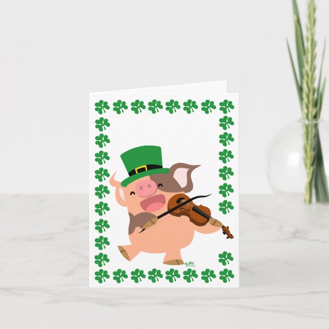 St Patrick's Day violinist pig notecard (Front)