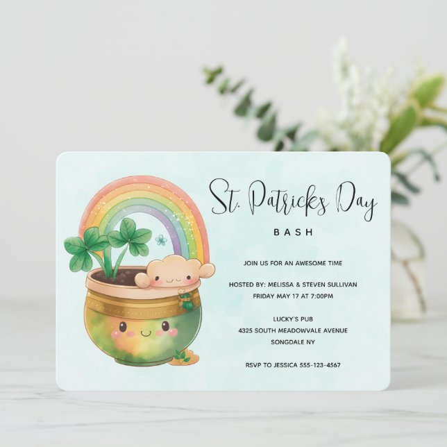 St. Patrick's Day Whimsical Rainbow & Clover Party Invitation (Standing Front)