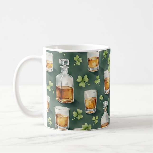 St. Patrick's Day Whiskey and Shamrocks Pattern Coffee Mug (Left)