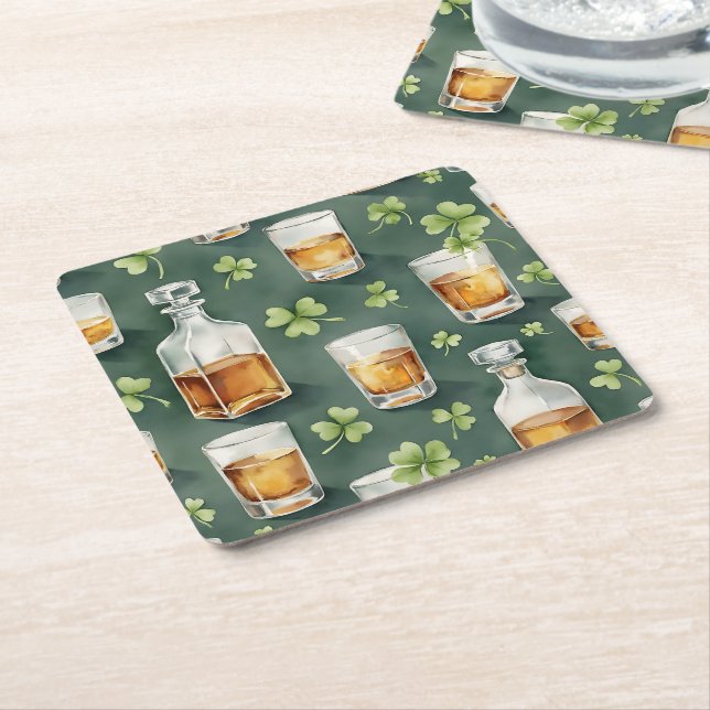 St. Patrick's Day Whiskey and Shamrocks Pattern Square Paper Coaster (Angled)