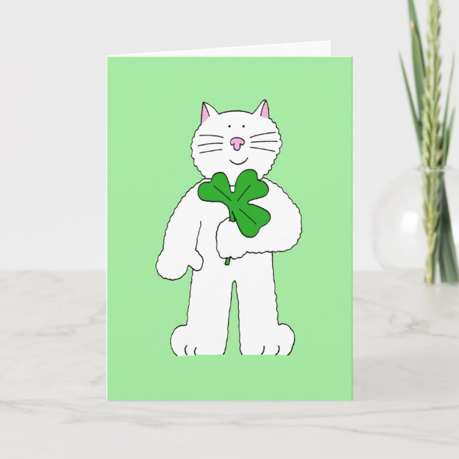 St Patrick's Day White Cat With Shamrock Card (Front)
