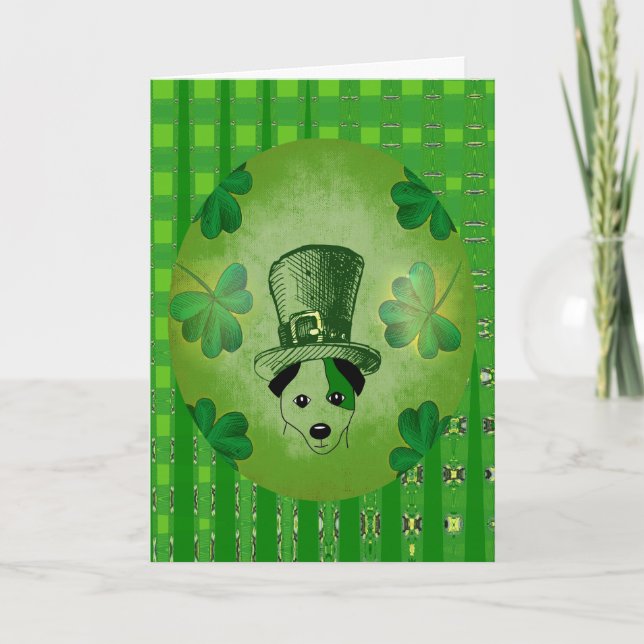 St. Patrick's Dog with Shamrocks Drawing Card (Front)