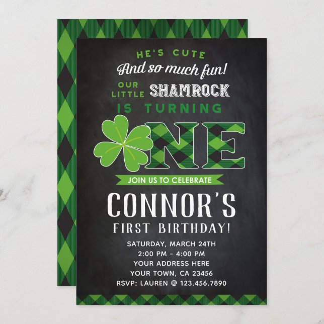 St Patrick's First Birthday Invitation Chalkboard (Front/Back)