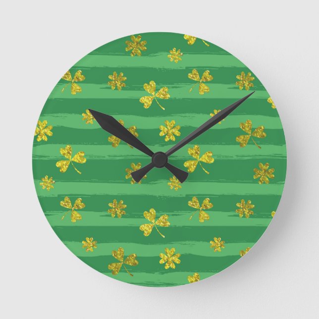 st patricks golden shamrocks round clock (Front)