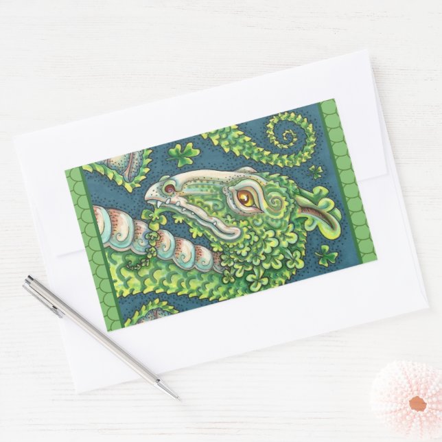ST. PATRICK'S GREEN SHAMROCK DRAGON, IRISH FANTASY RECTANGULAR STICKER (Envelope)