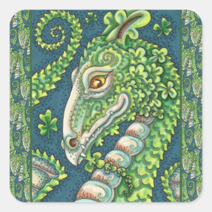 ST. PATRICK'S GREEN SHAMROCK DRAGON, IRISH FANTASY SQUARE STICKER
