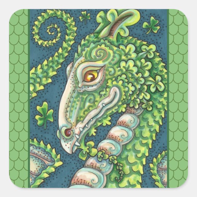 ST. PATRICK'S GREEN SHAMROCK DRAGON, IRISH FANTASY SQUARE STICKER (Front)