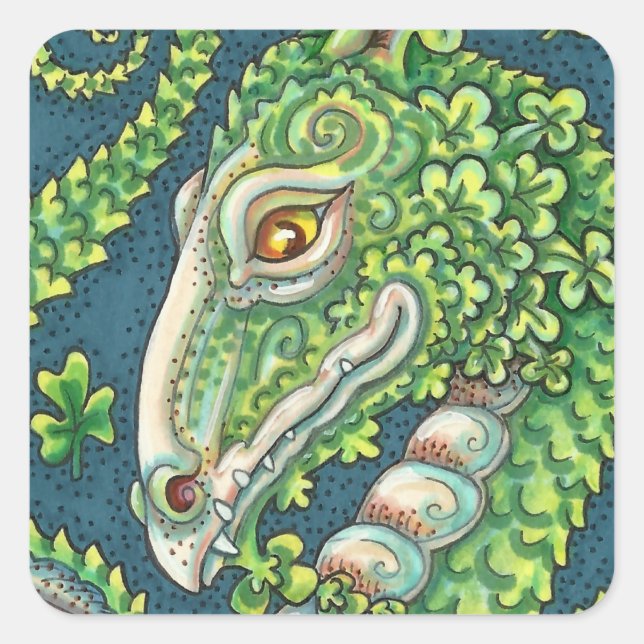 ST. PATRICK'S GREEN SHAMROCK DRAGON, IRISH FANTASY SQUARE STICKER (Front)