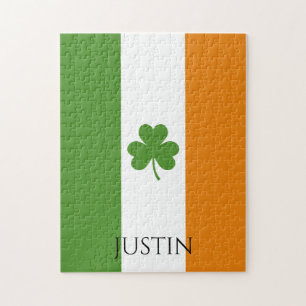 St Patrick's Irish Flag w Shamrock   Personalise Jigsaw Puzzle