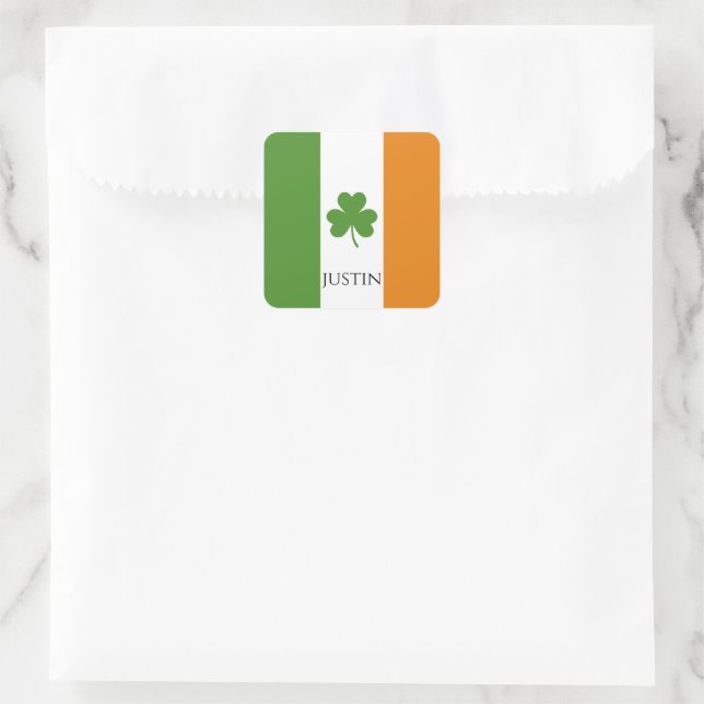 St Patrick's Irish Flag w Shamrock | Personalise Square Sticker (Bag)