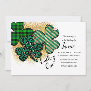 St. Patricks Lucky 1st Birthday Green Faux Gold Invitation
