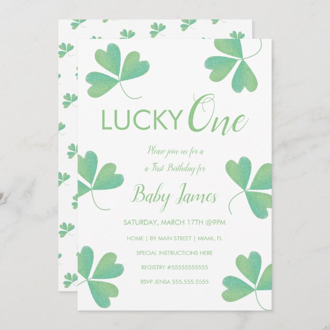 St. Patricks Lucky 1st Birthday Shamrock Invitation (Front/Back)