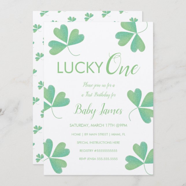 St. Patricks Lucky 1st Birthday Shamrock Textured Invitation (Front/Back)