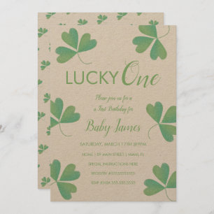 St. Patricks Lucky 1st Birthday Shamrock Textured Invitation