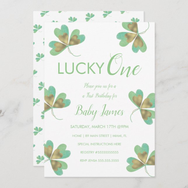 St. Patricks Lucky 1st Birthday Shamrocks Invitation (Front/Back)