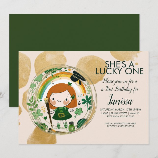 St. Patricks Lucky Birthday Girl Shamrock Artist  Invitation (Front/Back)