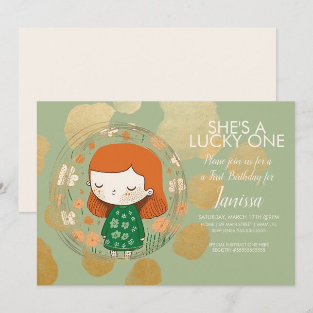 St. Patricks Lucky Birthday Girl Shamrock Toddler  Invitation (Front/Back)