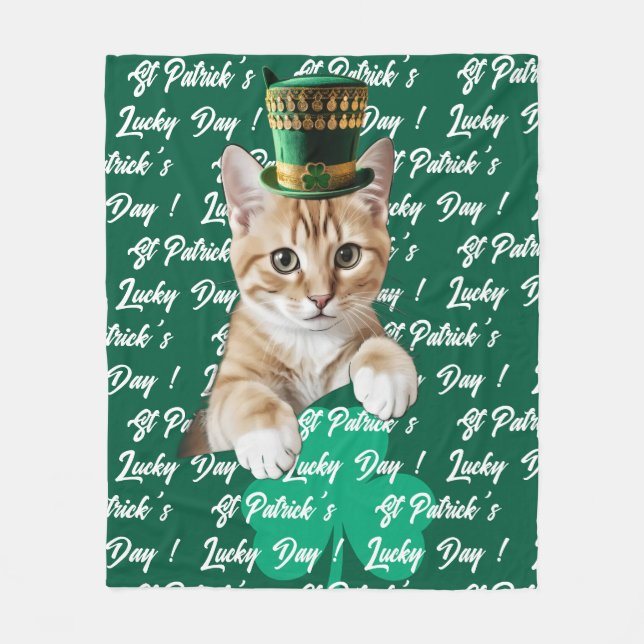 St Patrick's Lucky Day Cute Cat Leprechaun Hat, Fleece Blanket (Front)