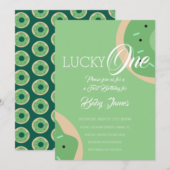 St. Patricks Lucky First Birthday Frosted Doughnut Invitation (Front/Back)