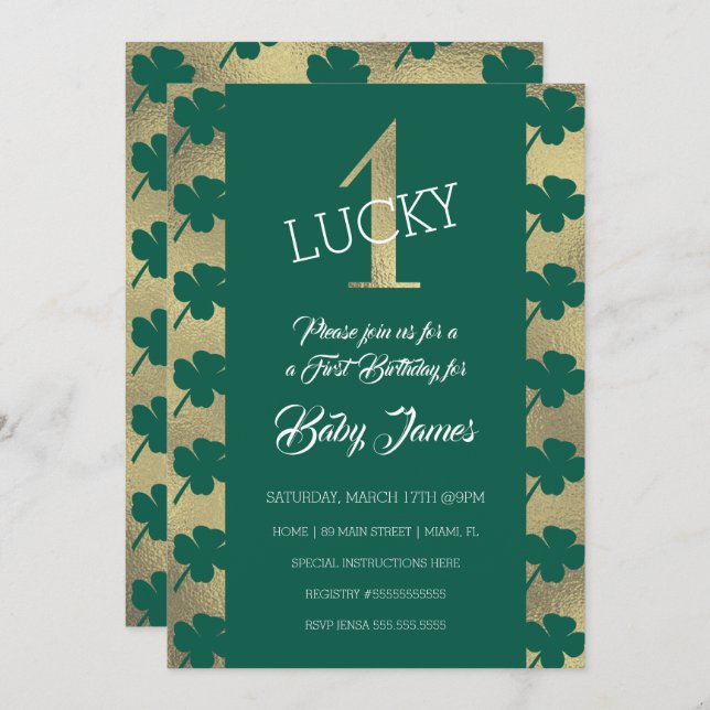 St. Patricks Lucky First Birthday Green Shamrock Invitation (Front/Back)