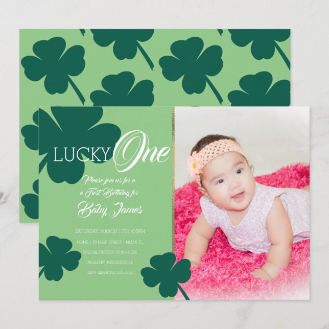 St. Patricks Lucky First Birthday Shamrock Photo Invitation (Front/Back)