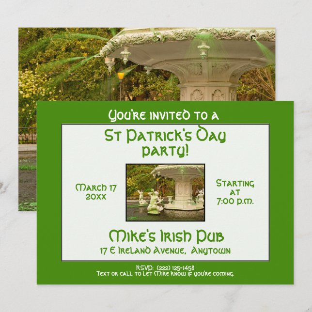 St Patrick's Party Forsyth Fountain, Savannah, GA Invitation (Front/Back)