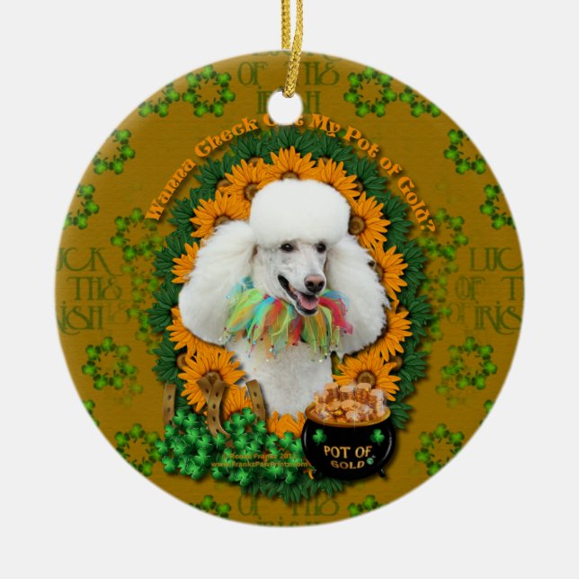 St Patricks - Pot of Gold - Poodle - White Ceramic Tree Decoration (Front)