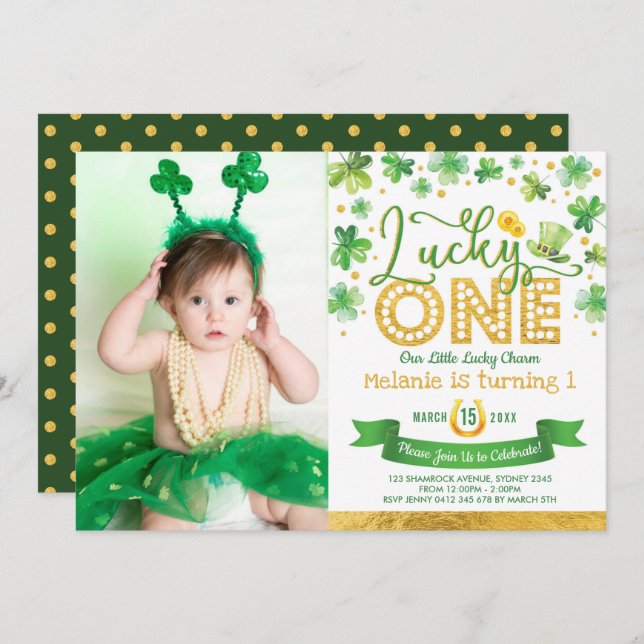 St Patrick's Shamrock Lucky One 1st Birthday Invitation (Front/Back)