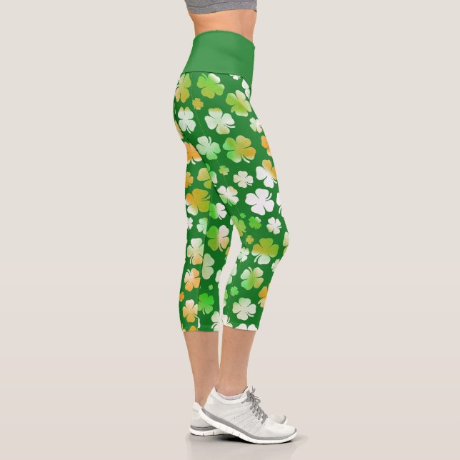 St Patrick's Shamrocks Pattern Green White Orange Capri Leggings (Right)