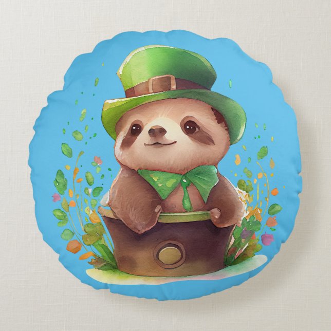 St. Patrick's Sloth and Racoon Reversible Pillow (Front)