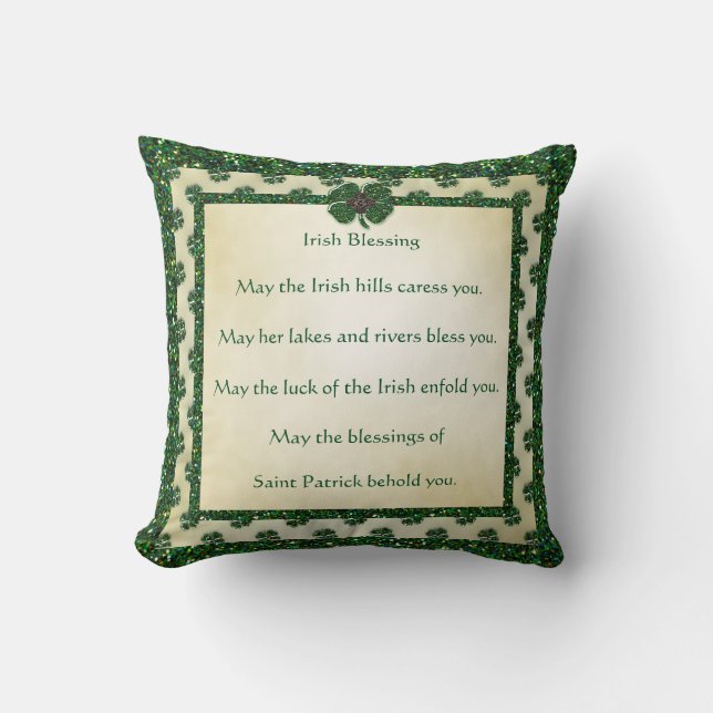 St. Patrick's Sparkly Shamrocks Irish Blessing Cushion (Front)