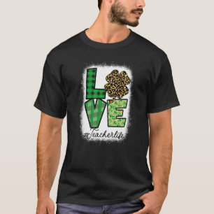 St Patricks Teacher Messy Bun Leopard Bleached Iri T-Shirt