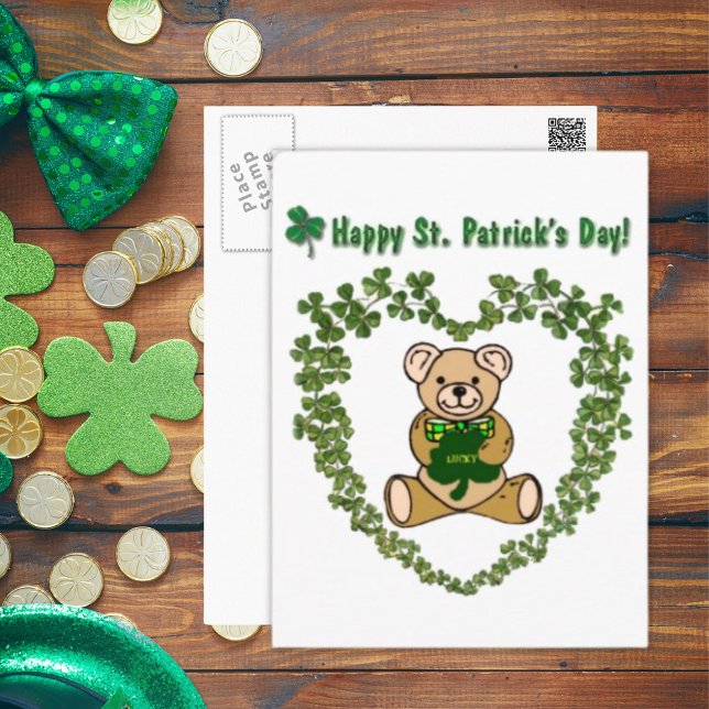 St. Patrick's Teddy Bear in Clover Heart Postcard (St. Patrick's Teddy Bear in Clover Heart Postcard)