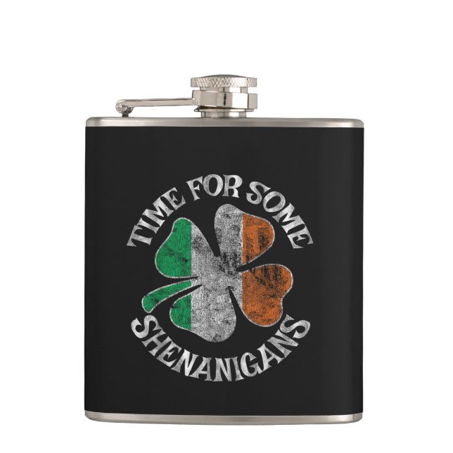 St. Patrick's Time for Some Shenanigans Clover Hip Flask (Front)