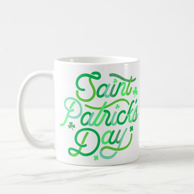 St. Patrick's Typography |Happy Whimsical Shamrock Coffee Mug (Left)