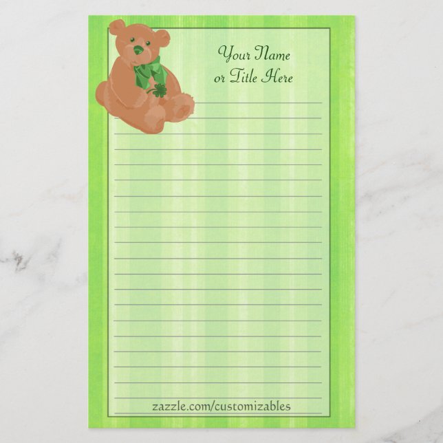 St. Pat's Day Bear Stationery (Front)