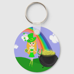 St Pat's Day Blonde Girl Leprechaun with Rainbow Key Ring