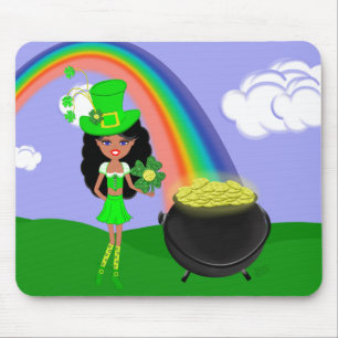 St Pat's Day Brunette Girl Leprechaun with Rainbow Mouse Pad