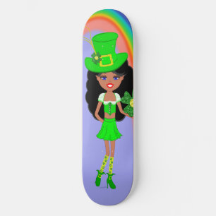 St Pat's Day Brunette Girl Leprechaun with Rainbow Skateboard