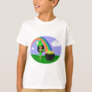 St Pat's Day Brunette Girl Leprechaun with Rainbow T-Shirt