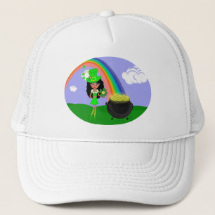 St Pat's Day Brunette Girl Leprechaun with Rainbow Trucker Hat