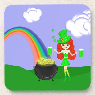 St Pat's Day Redhead Girl Leprechaun with Rainbow Coaster
