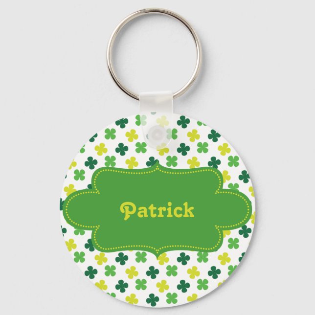 St. Pattys Colourful Shamrock Pattern with Label Key Ring (Front)
