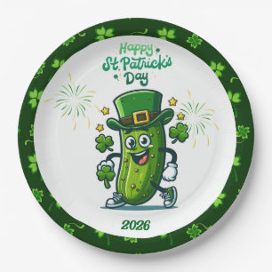 St Patty's Day Pickle Cartoon Character Paper Plate