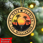 St. Pete Beach Florida Retro Sunset Palm Tree 80s Ceramic Ornament<br><div class="desc">St. Pete Beach Florida Vintage 60s Souvenirs. St. Pete Beach Florida - Retro Tropical Palm Tree 60s Souvenirs Vintage design makes a great Christmas or Birthday gift for fans of St. Pete Beach beach. The retro summer vibe design is a perfect gift for travel lovers and tropical destination fans. -...</div>